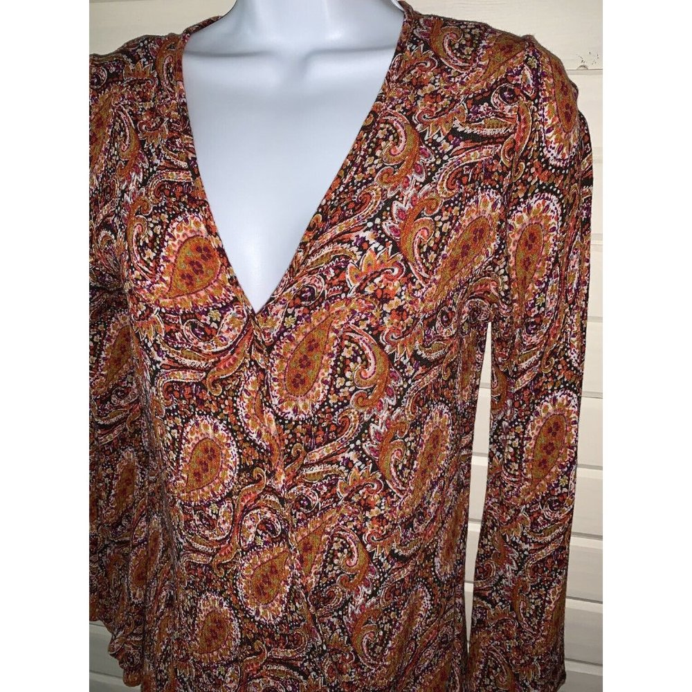 Newbury Kustom USA Sz SMALL Earth Tones Faux Wrap Surplice Blouse Paisley EUC